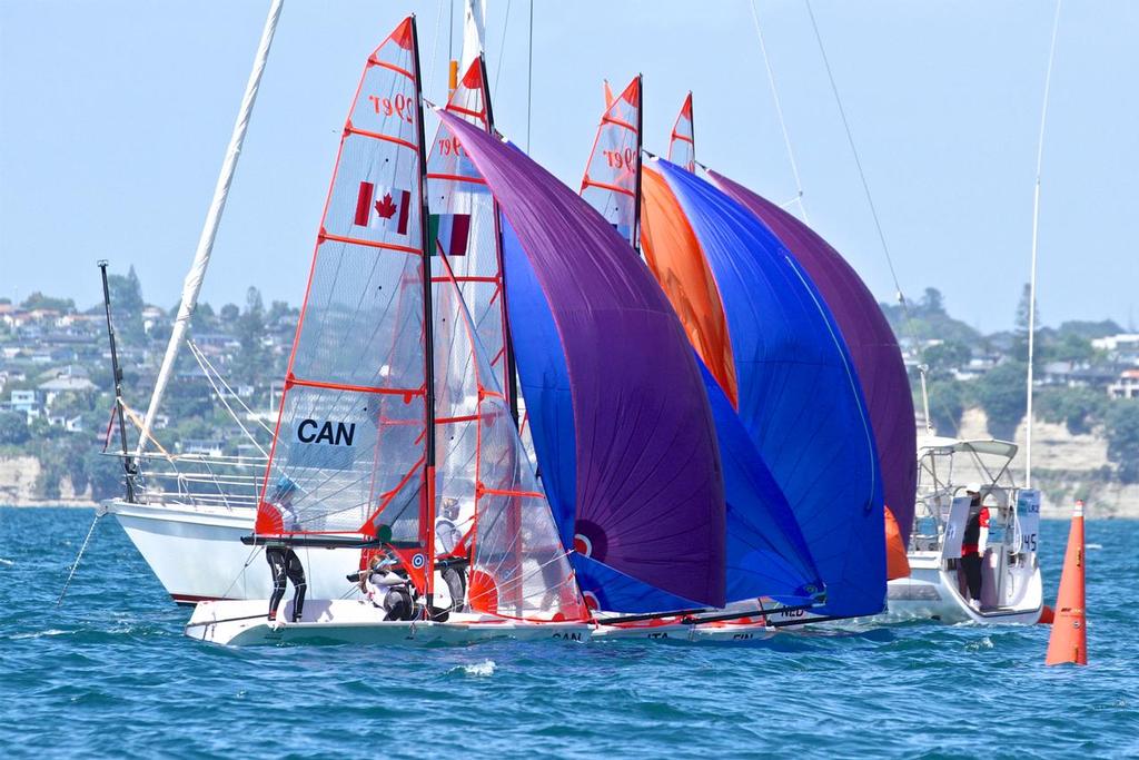 Five boat finish - Womens 29er - Aon Youth Worlds 2016, Torbay, Auckland, New Zealand, Day 2 © Richard Gladwell www.photosport.co.nz